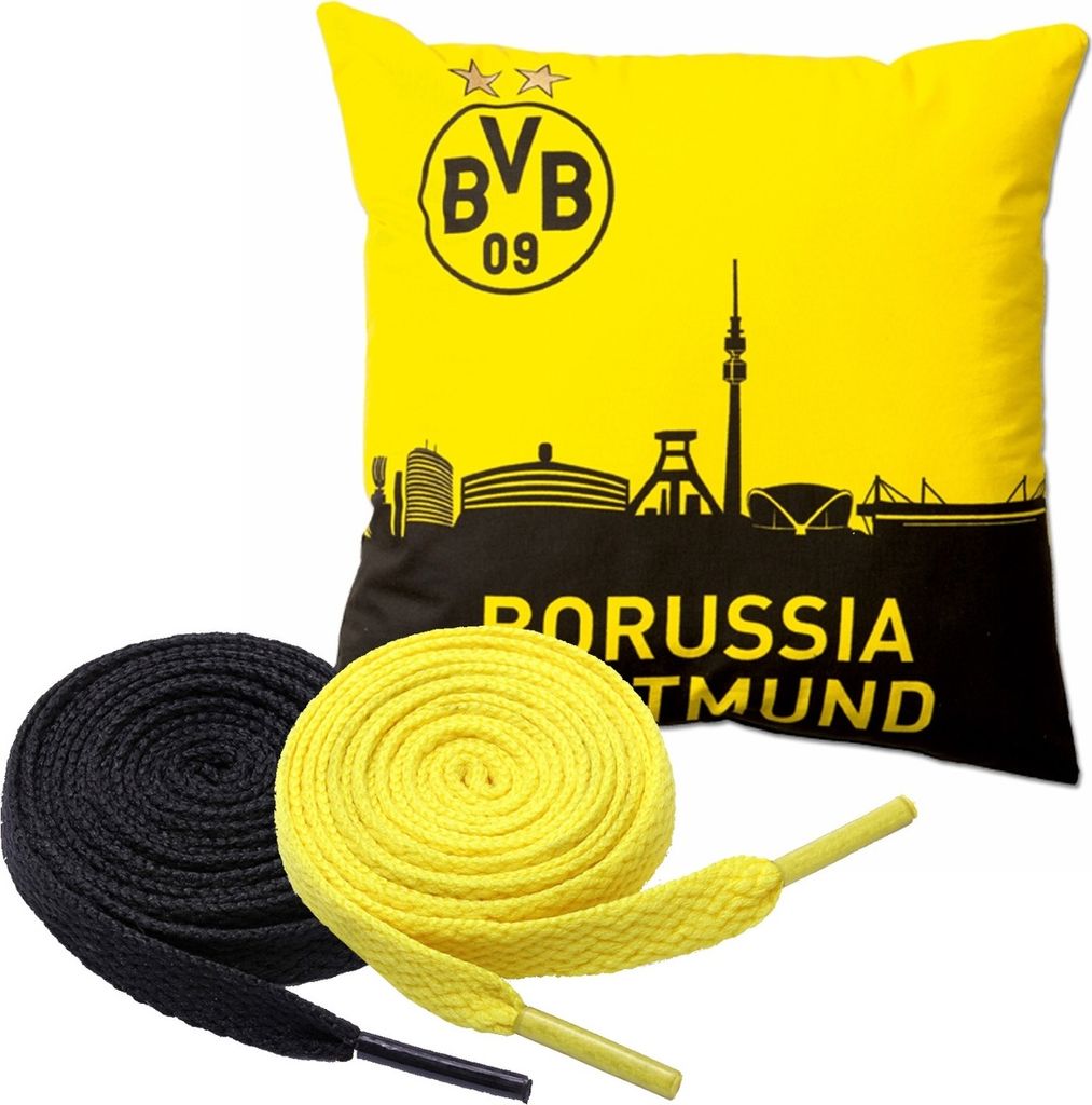 Borussia Dortmund BVB Kissen mit Skyline (40x40cm) + 2 Paar Fan-Schnürsenkel 2# 5#