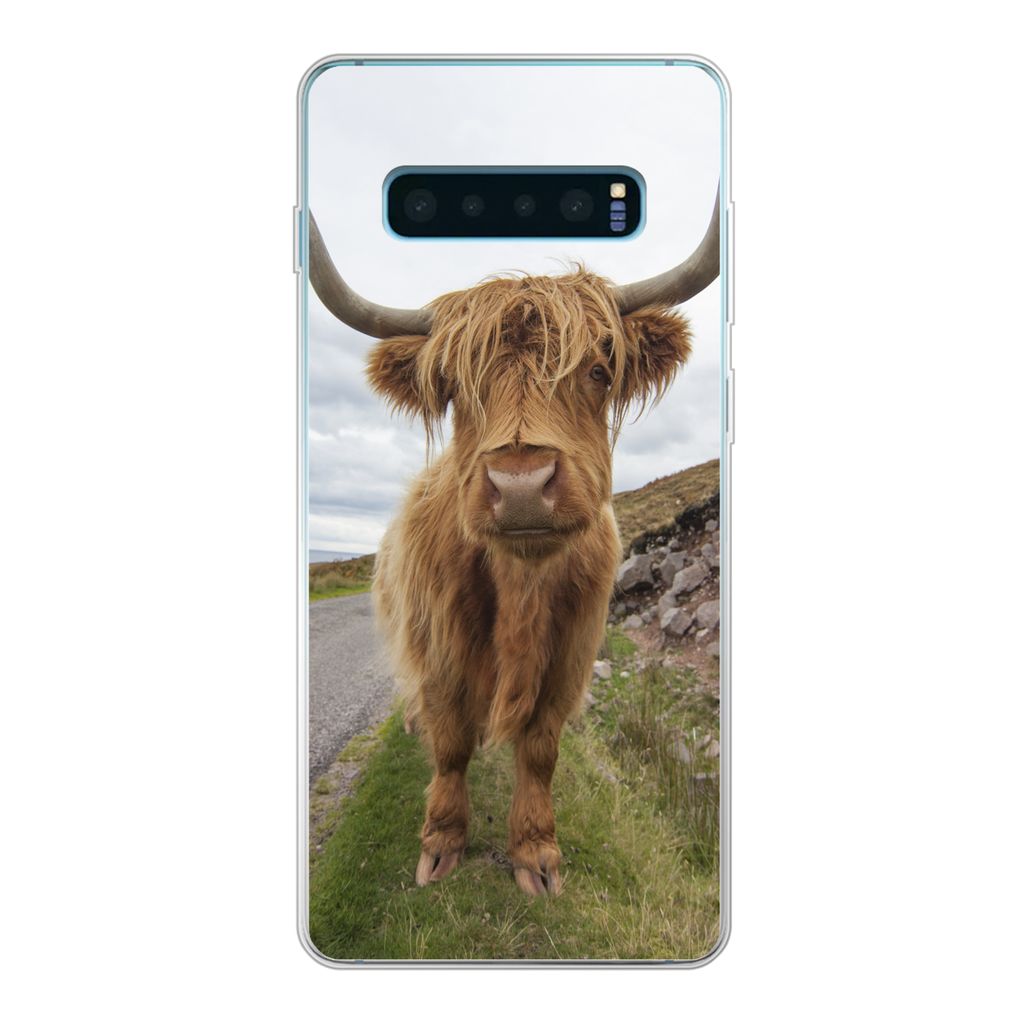 MuchoWow Handyhülle Schutzhülle Hülle für Samsung Galaxy S10 Plus Schottischer Highlander - Hörner - Berg Silikon Softcase Handy Hülle - Sc...