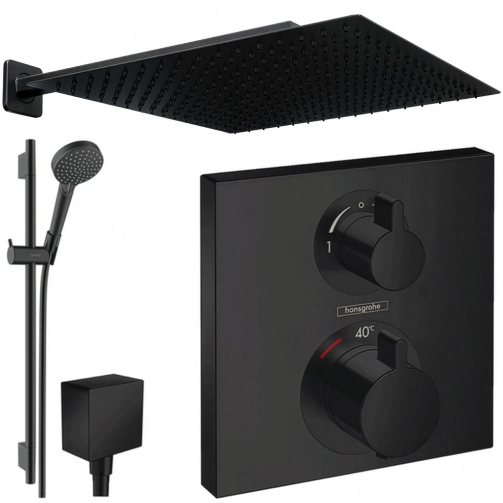 Hansgrohe und Jowi Unterputz Duschsystem Ecostat Square Thermostat, Schwarz, Duscharmatur mit 360mm Kopfbrause, 650mm Brausestange, OHNE iBox