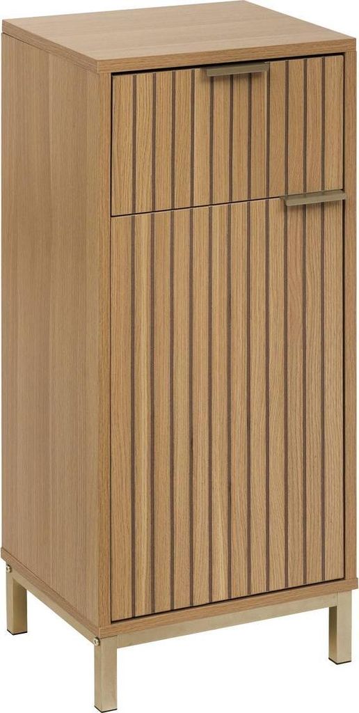 A wooden cabinet with a slatted front and gold legs, shown against a white background.