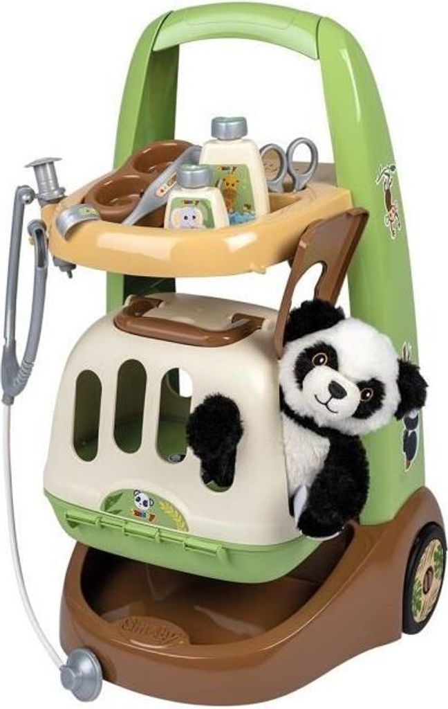 Smoby Zoo Tierarztwagen, Panda Plüschtier Inklusive, 10 Medizinische Zubehörteile, 2 in 1 Transportkäfig, Französische Herstellung