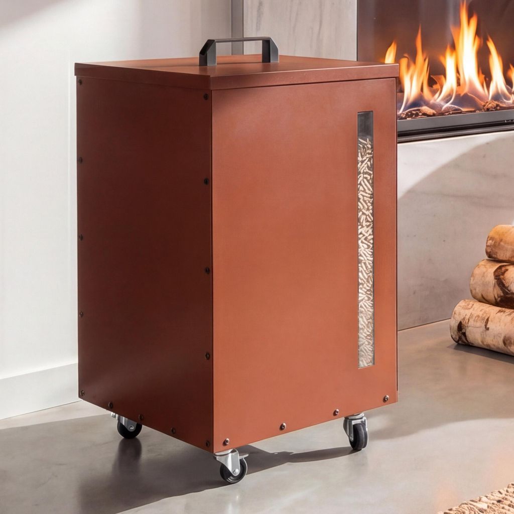 Pelletbehälter MCW-Q30, Pelletbox, Aufbewahrungsbox für z.B. Tierfutter, Sichtfenster Rollen 62x36x36cm kupferfarben