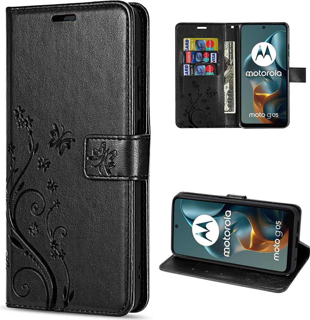 A collage of images showing a black flip phone case with floral and butterfly embossing, and a Motorola phone inside a similar case.