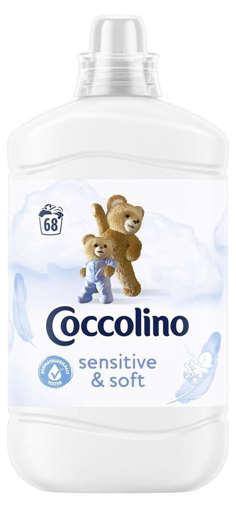 A bottle of Coccolino fabric softener with teddy bears on the label.