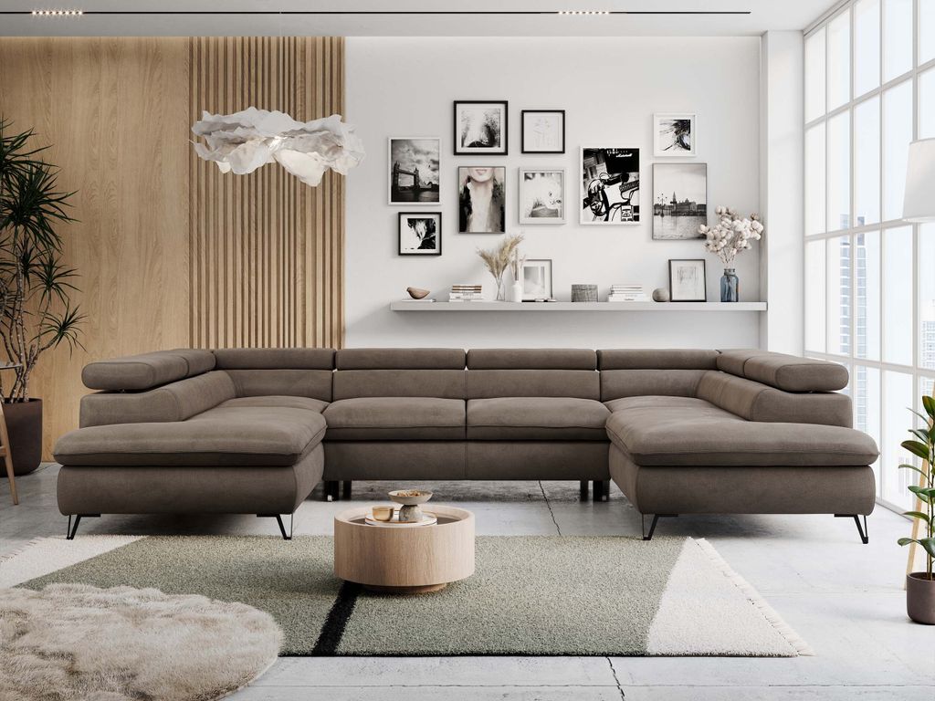 Wohnzimmersofa U-form, Eckcouch, Schlaffunktion und Bettkasten - PETER U - Velvet - Braun