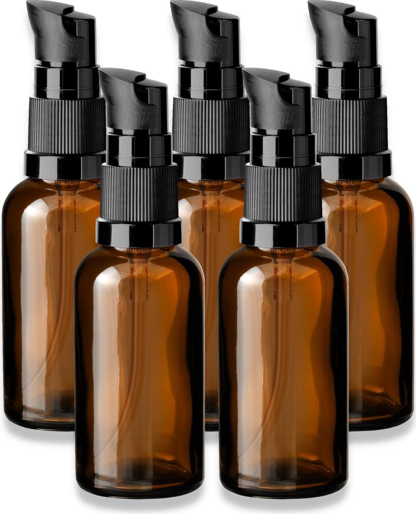 5x Glasflasche braun 30 ml mit schwarzer Pumpe leere Produktbild 