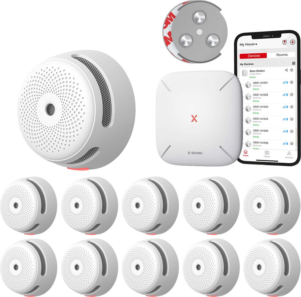 A collection of X-Sense Link+ Pro smart smoke detectors and a base station are displayed on a white background, along with a smartphone showing the X-Sense app.