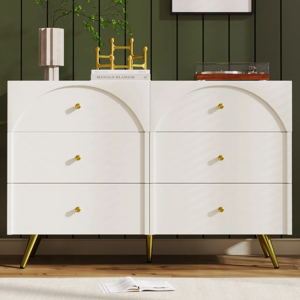 Commode Flieks avec 6 tiroirs blanc crème pieds métal 120x40x85 cm