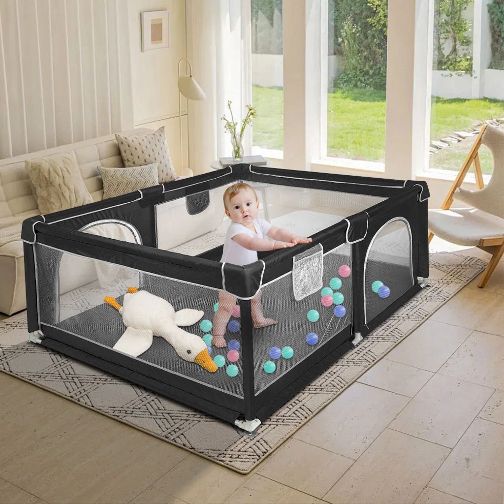 Baby Laufgitter Laufstall Absperrgitter 160x120x66cm mit Aufbewahrungstasche atmungsaktivem Netz Rutschfester Basis Schwarz