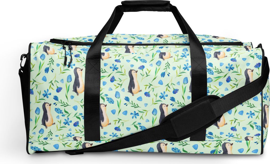 Mr. & Mrs. Panda Reisetasche Pinguinliebe Design - Weiß - Geschenk, Muster, Pinguin, Blaue Blumen, Sporttasche Damen, Weekender, Pinguine, Aquarel...