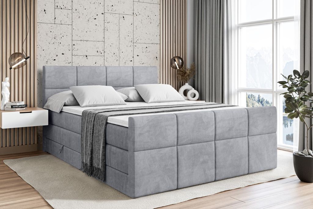 ALTDECOR Boxspringbett mit Fußteil, 2 Matratzen und Topper - 160x200 cm - ARDENI-Z KING - Hellgrau Samt - Polsterbett mit, H3- und H4- Matratzen, ...