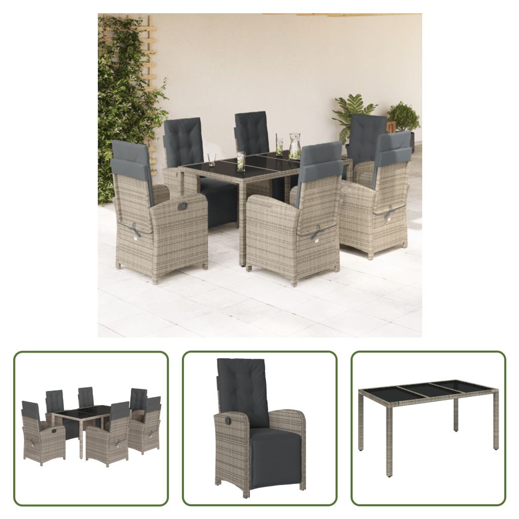 The Living Store 7-tlg. Garten-Essgruppe mit Kissen Grau Poly Rattan