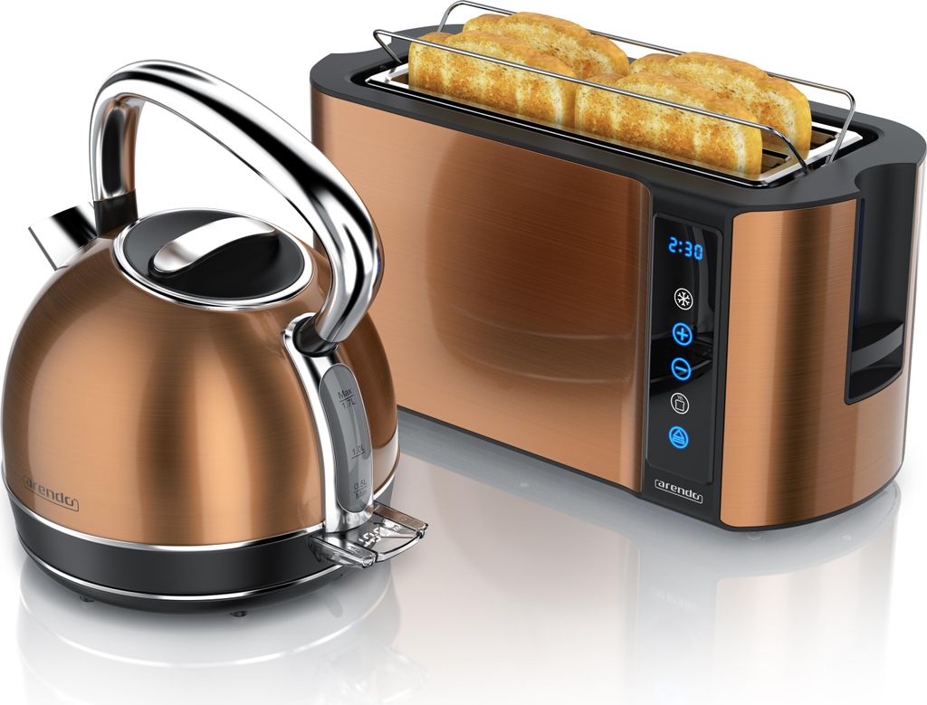 Arendo Frühstücks-Set Edelstahl, Wasserkocher mit Temperatureinstellung 1,7l, 4 Scheiben Langschlitztoaster, 4 Scheiben Toaster, Brötchenaufsatz...
