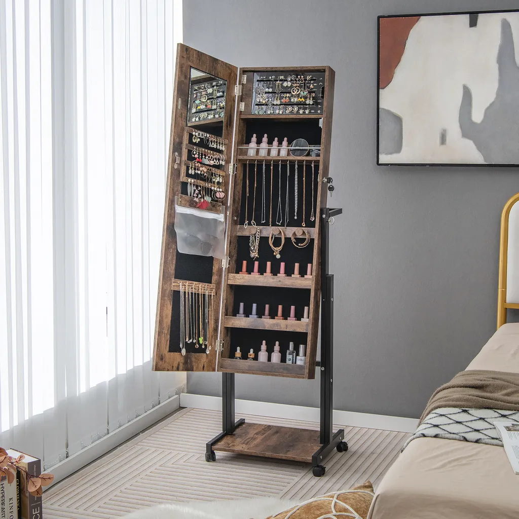 Miroir Psyché Armoire à Bijoux avec Éclairage LED et Rangement Brun - 7