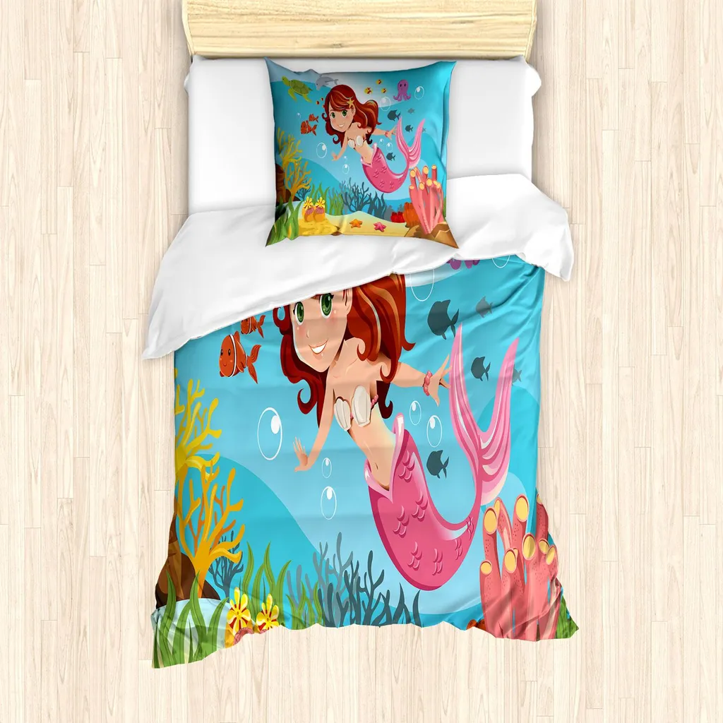 Décoration chambre fille Sirène, housse de couette 135x200 cm multicolore