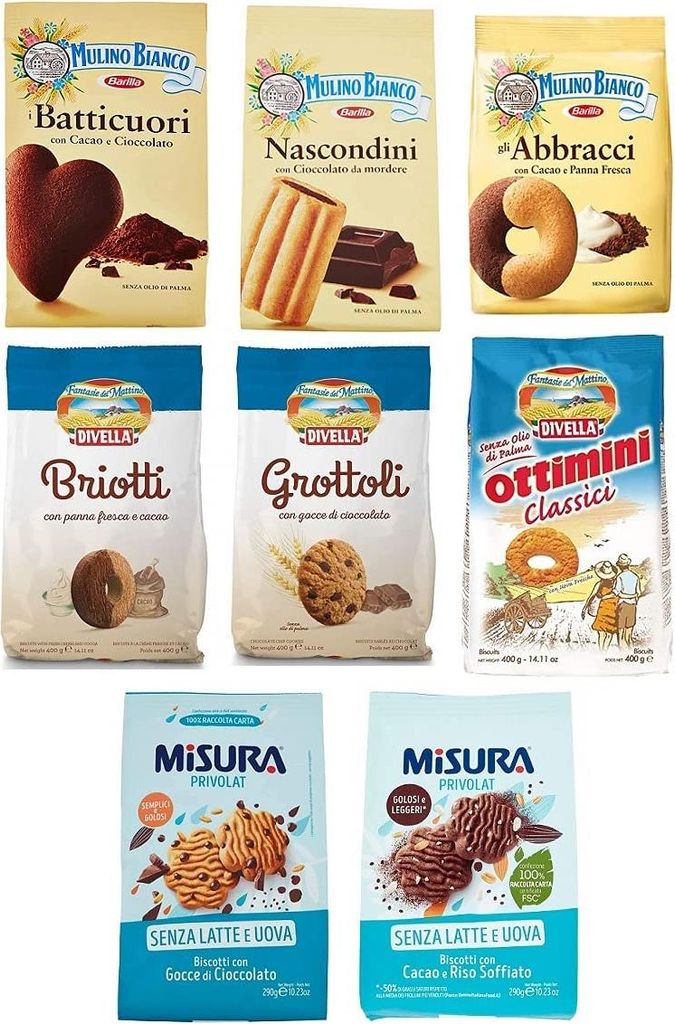 Testpaket Italienische Kekse Mulino Bianco 1x Nascondini + 1x Batticuori + 1x Abbracci + Divella 1x Briotti + 1x Grottoli + 1x Ottimini Classici + ...