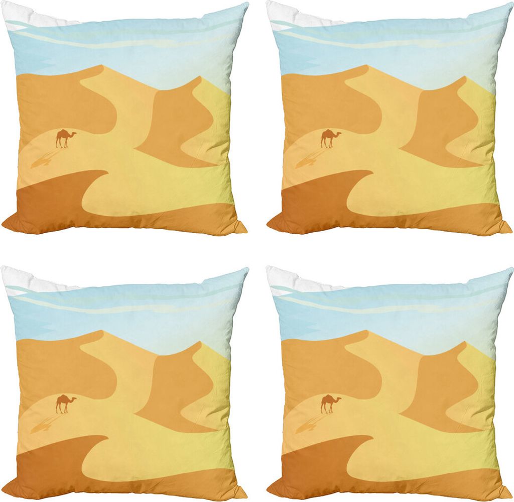 ABAKUHAUS Düne Kissenbezug Set (4 Stück), Kleines Kamel auf Desert Hills, Moderner Doppelseitiger Digitaldruck, 40 cm x 40 cm, Blue Sand Brown