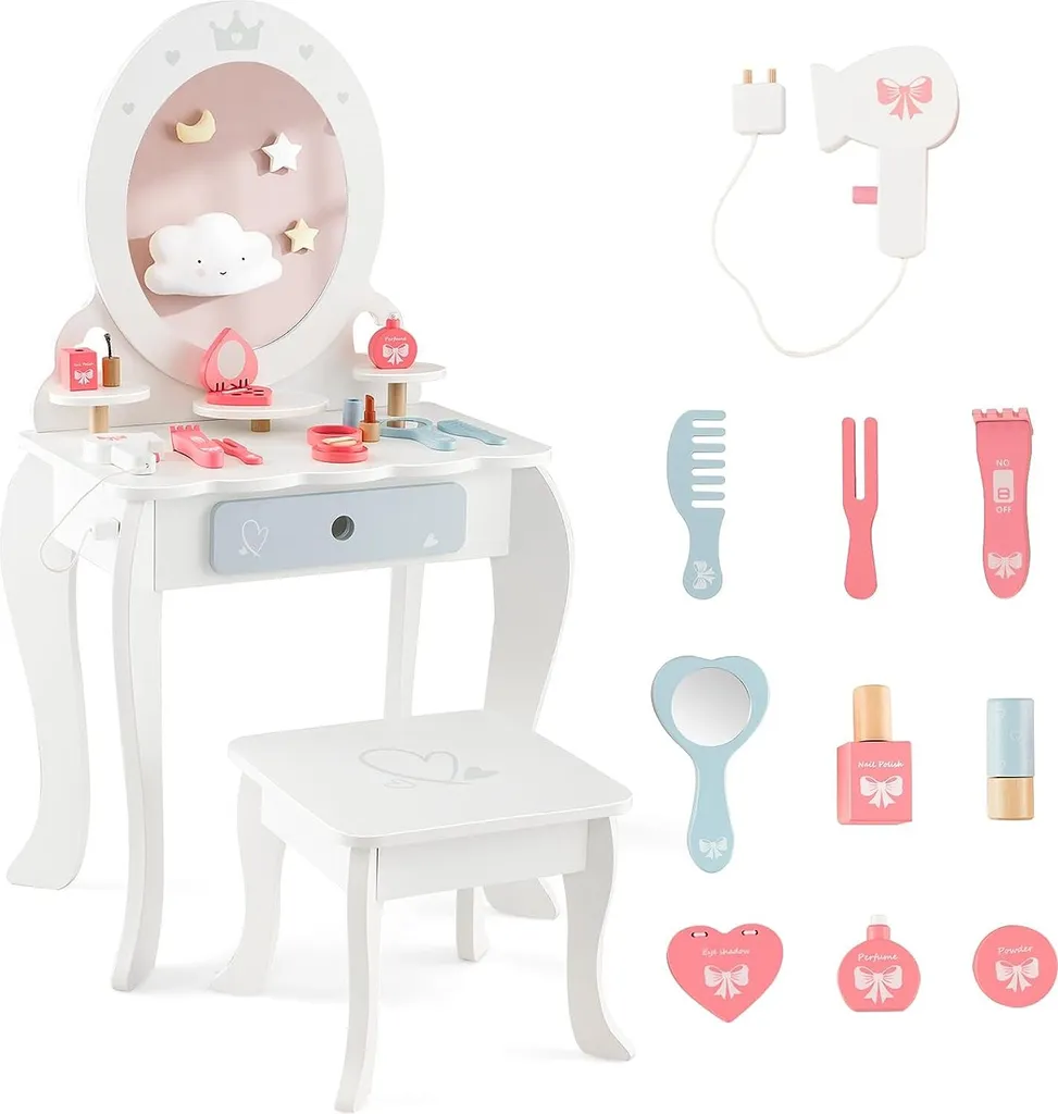 Coiffeuse Princesse 2 en 1 avec Miroir Amovible et Tiroir de Rangement