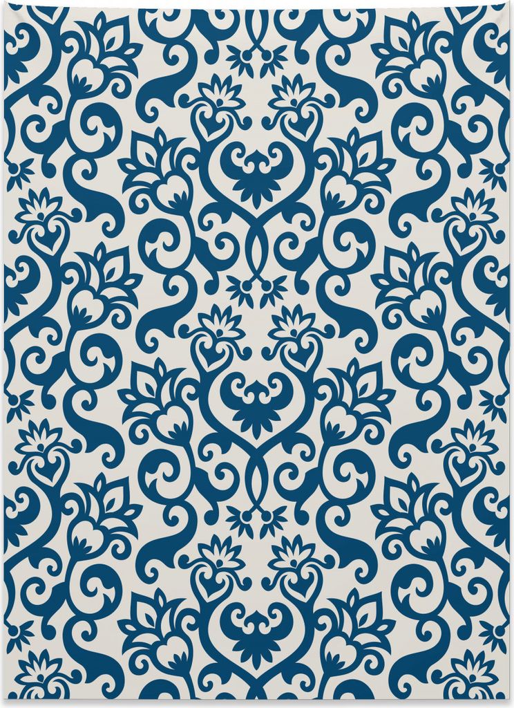 Abakuhaus Blumen Wandteppich, Antiker Damast Curvy Art aus Weiches Mikrofaser Stoff Kein Verblassen Klare Farben Waschbar, 110 x 150 cm, Weiß Blau