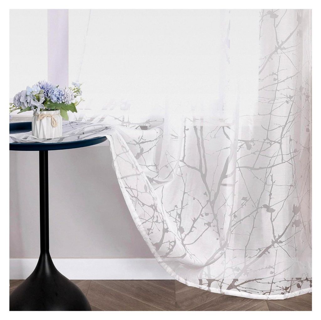 Voile Ausbrenner Gardine mit Ästen Muster, transparenter Vorhang mit Kräuselband, Wohnzimmer Gardinenschals, BxH 140x145cm, Weiß, 1 Stück