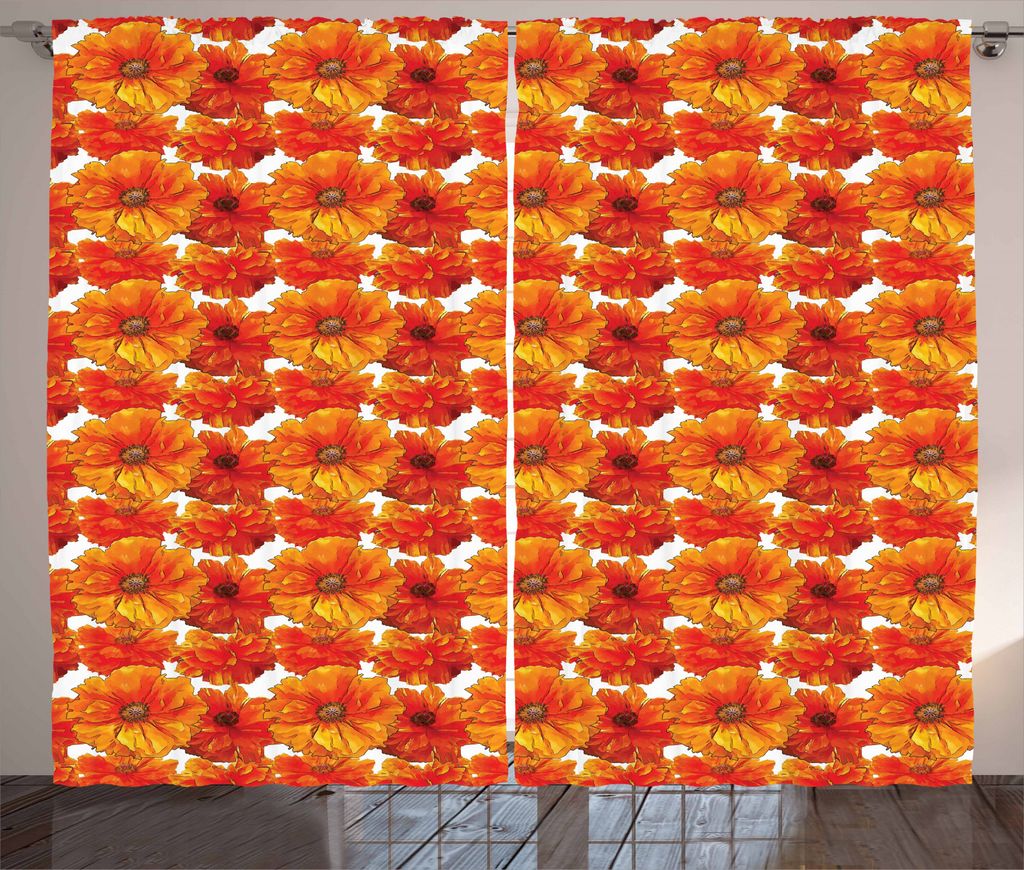 ABAKUHAUS Mohn Rustikaler Gardine, Handfarben-Stil-Blüten, Schlafzimmer Kräuselband Vorhang mit Schlaufen und Haken, 280 x 245 cm, Orange und Ver...
