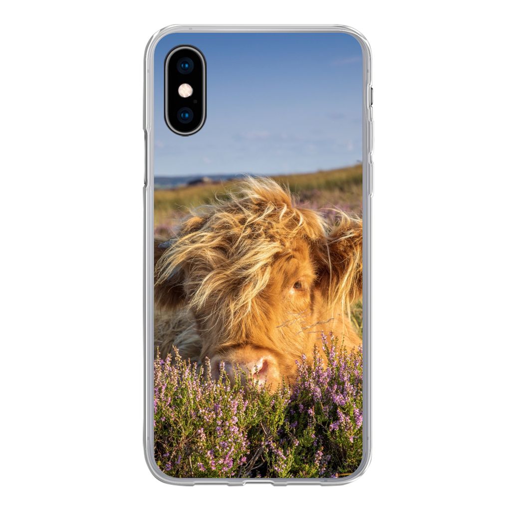 MuchoWow Handyhülle Schutzhülle Hülle für iPhone X Schottische Highlander - Heide - Gras - Tiere Silikon Softcase Handy Hülle - Handyhülle