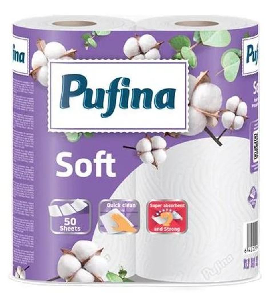 Papierové utierky, 2-vrstvové, 50 listov, 2 kotúče, PUFINA "Soft"