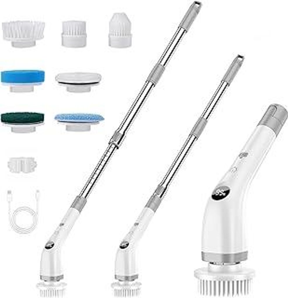 Elektrische Reinigungsbürste, 7 in 1 Putzbürste mit Verstellbarem Griff, Electric Cleaning Brush mit austauschbaren Bürstenköpfen,2 Speed mit l...