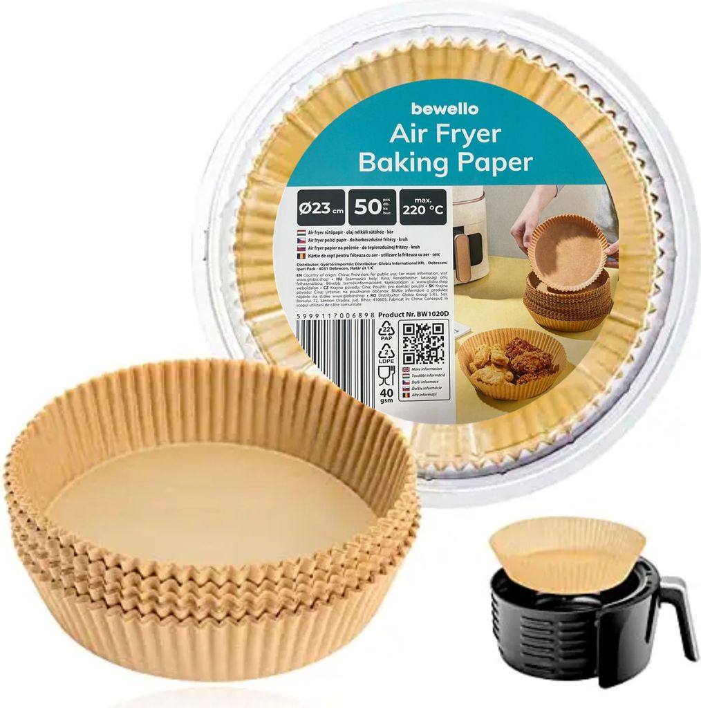 Bewello Airfryer-Backpapier rund – 23 cm – Airfryer-Backpapier XXL – Airfryer-Einwegbehälter – 50 Stück