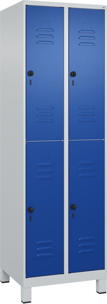 C+P Doppel-Garderobenschrank "Classic Plus", Abteilbreite 30 cm, mit Füßen, Enzianblau (RAL 5010), 195x60x50 cm/ 4 Fächer