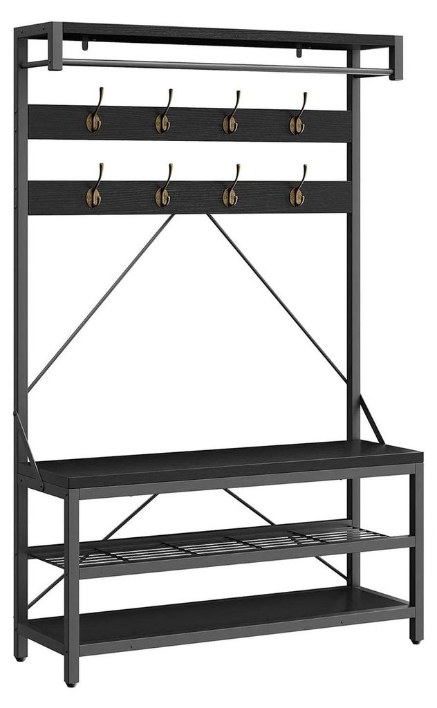 Garderobenständer mit Schuhbank - Freistehende Garderobe - 8 Haken - Aufbewahrungsregale - Holzrahmen - Industrieller Stil - 101×40×182 cm - Sch...