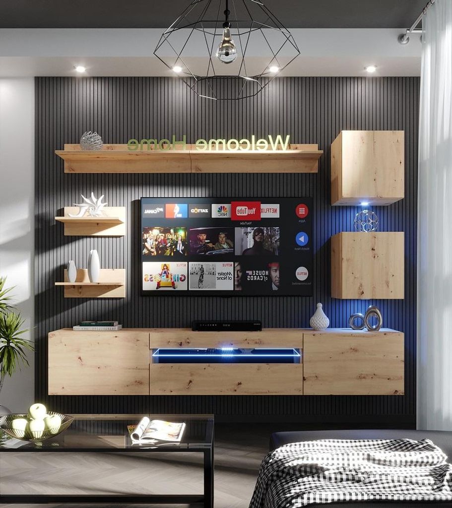 Furnitech Wohnwand Wohnzimmer, Möbel, Hängend Wohnwand Modern, Schrankwand mit Regale, TV Schrank, 239 cm, Artisan Eiche M27-24M-DA5 1B mit LED blau