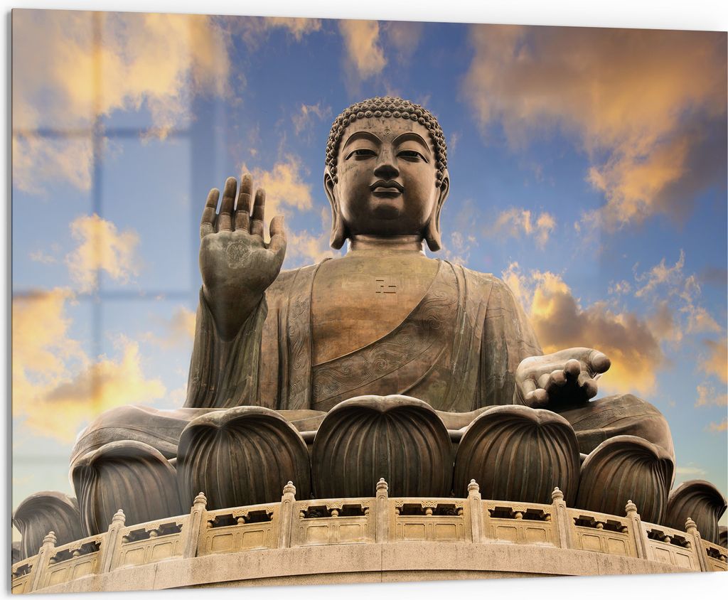 DEQORI Küchenrückwand Glas 80x60 cm 'Buddha über Hongkong' Spritzschutz Bad Rückwand Küche