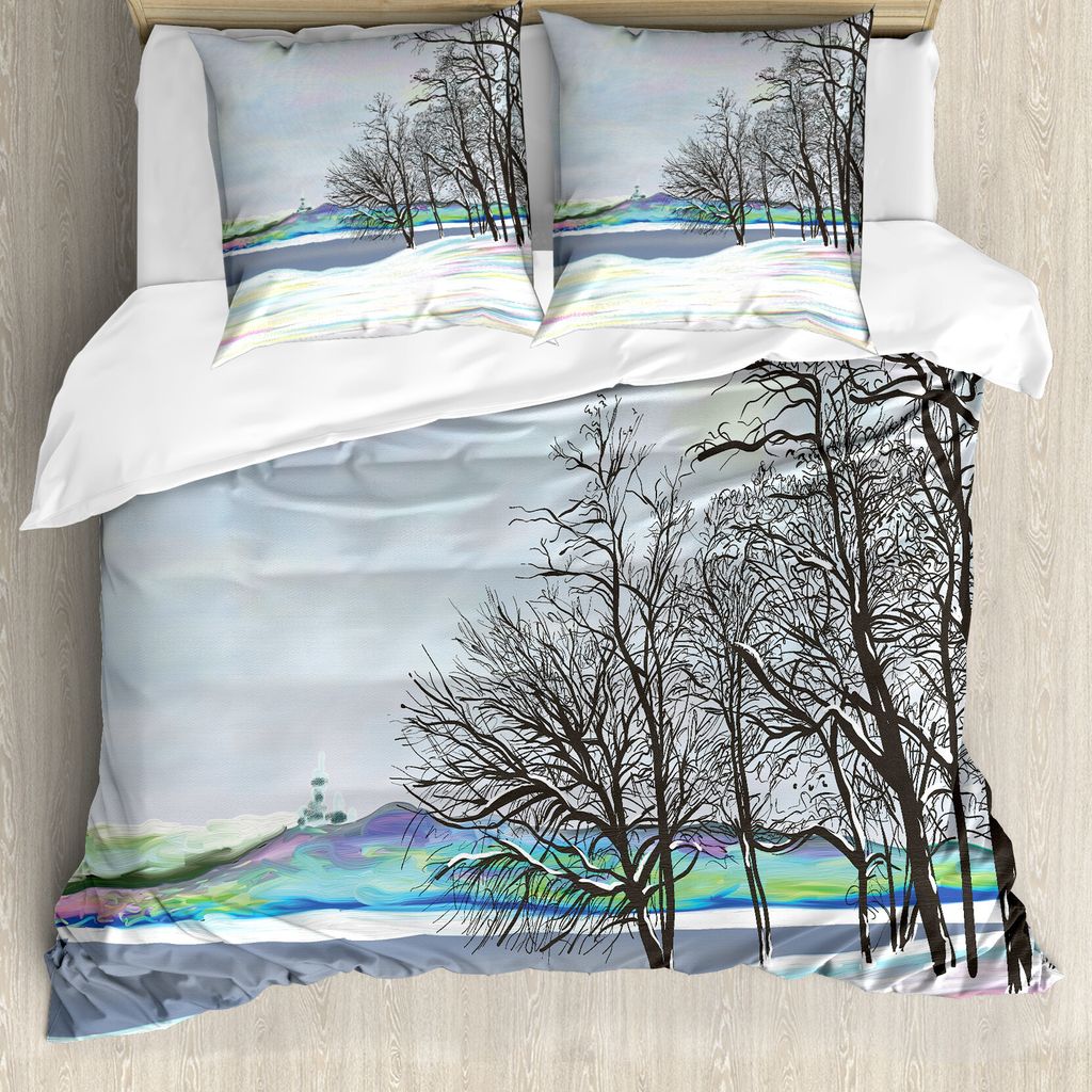 ABAKUHAUS Natur Bettbezug, Ländliche Winterwald Kunst, Milbensicher Allergiker geeignet mit Kissenbezügen, 155 cm x 220 cm - 80 x 80 cm, Mehrfarbig