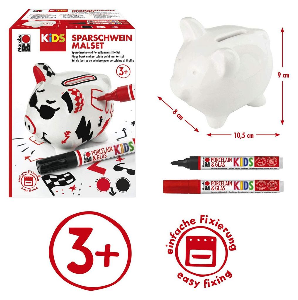 Marabu 0125000000100 - KiDS Porcelain & Glas Painter, Sparschwein Malset, lustiges Porzellanschwein zum Bemalen und Verzieren mit Porzellanmalstiften