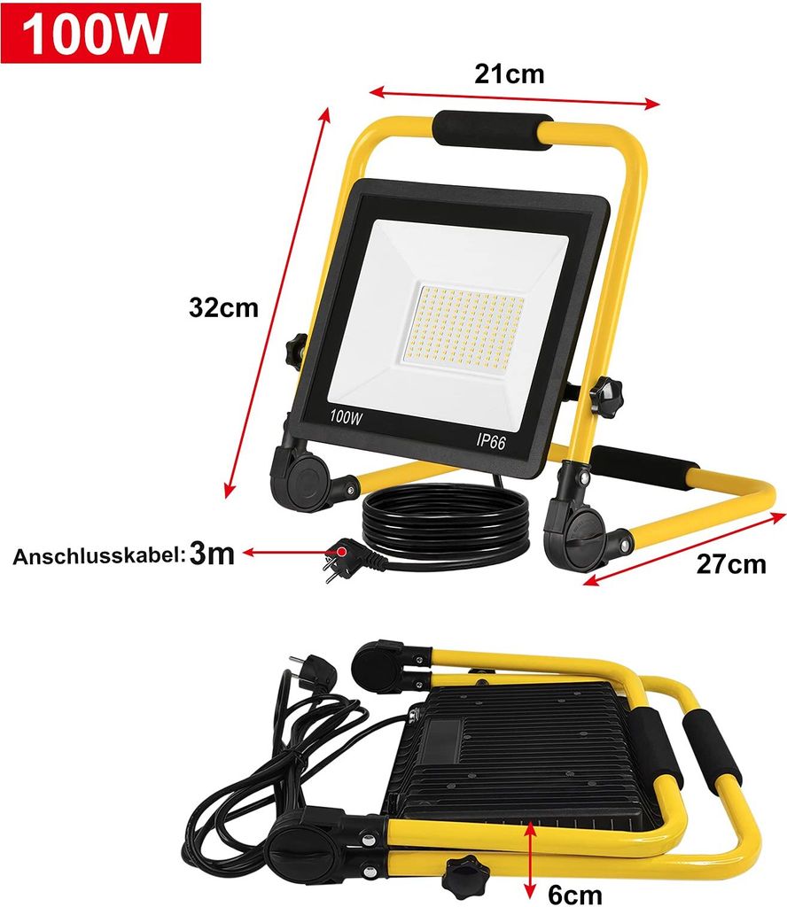 HENGMEI 100W LED Baustrahler Mit Stativ – IP66 Wasserdicht, Für Baustelle, Garten & Garage