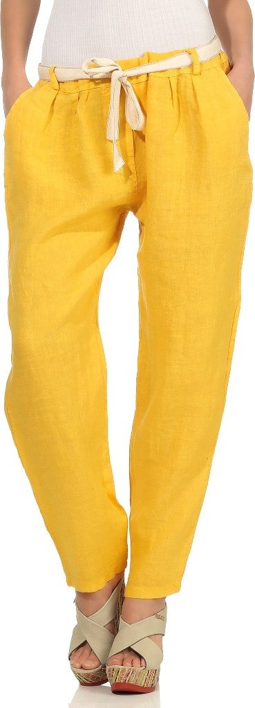 317 Mississhop Damen Leinenhose lockere Freizeithose lange Hose mit Gürtel 100% Leinen Gelb