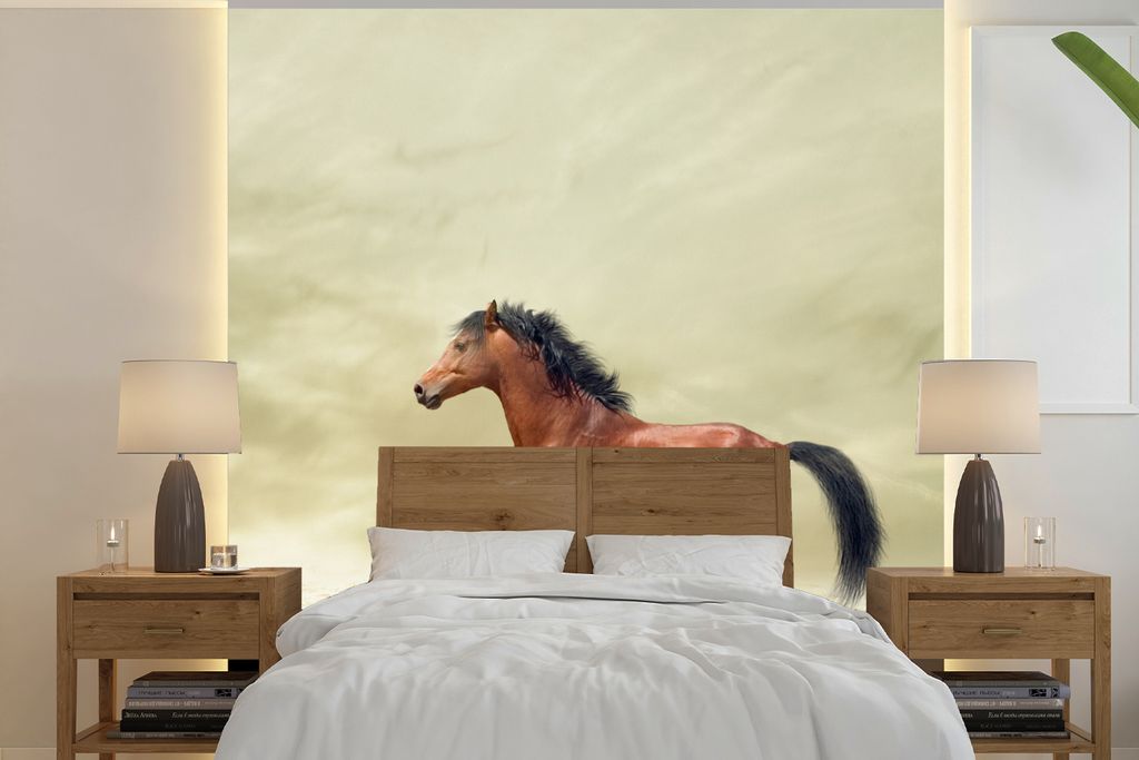 MuchoWow Fototapete für Wohnzimmer oder Schlafzimmer Wandtapete Vinyl Motivtapete Pferd - Stoff - Sand - 350x350 cm - Schlafzimmertapete