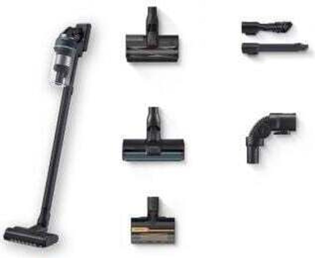 A vacuum cleaner and its attachments are displayed against a white background.