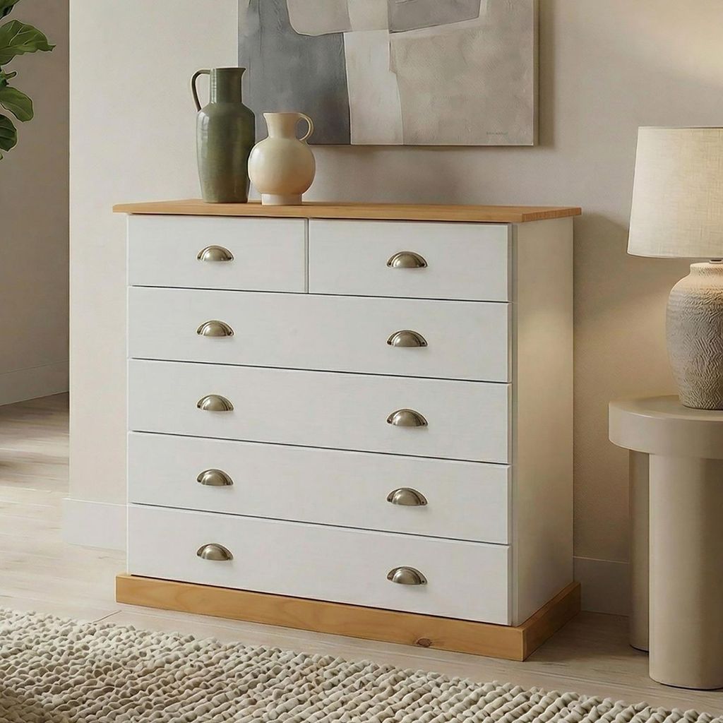 Kommode PARIS aus Massivholz, Weiß/Braun - Apothekerkommode Produktbild 