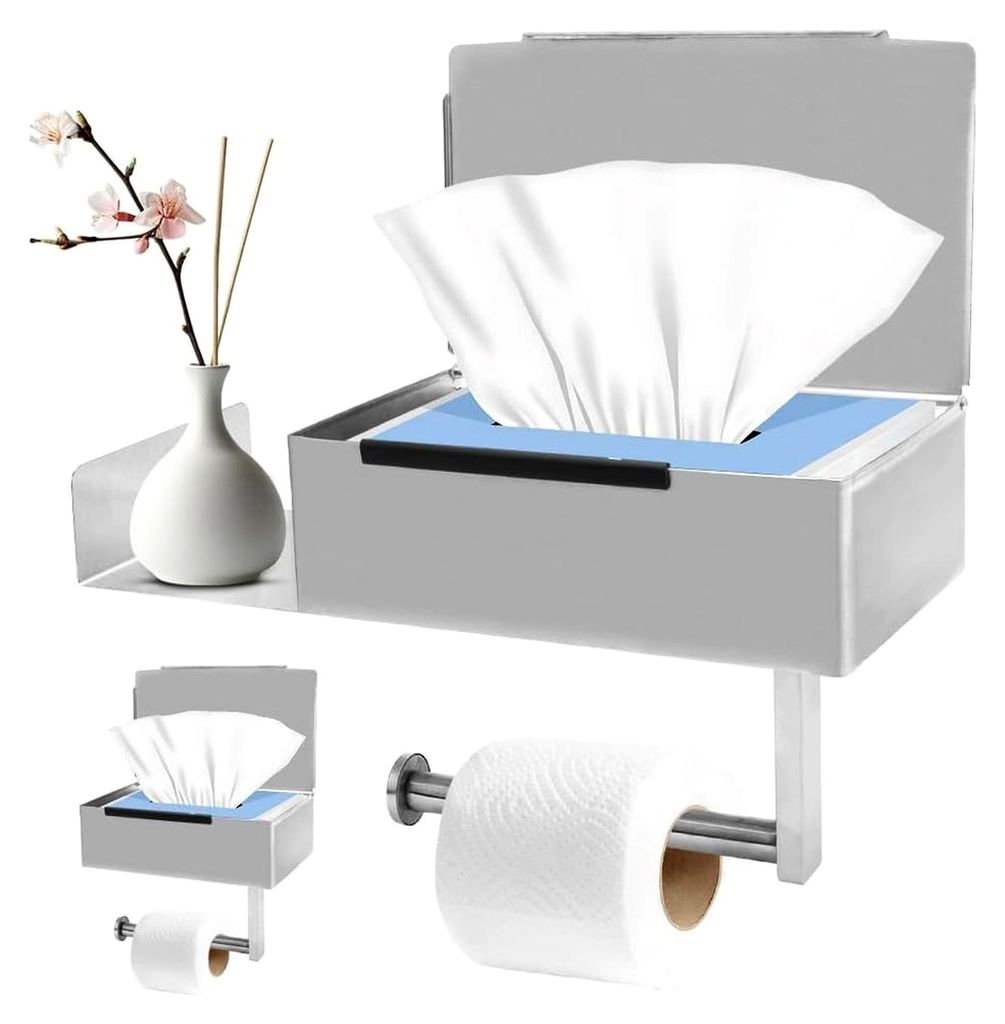 Toilettenpapierhalter ohne Bohren, Klopapieraufbewahrung mit Ablage und Feuchttücherbox, Edelstahl Toilettenpapierhalter für Badezimmer, Küche, ...