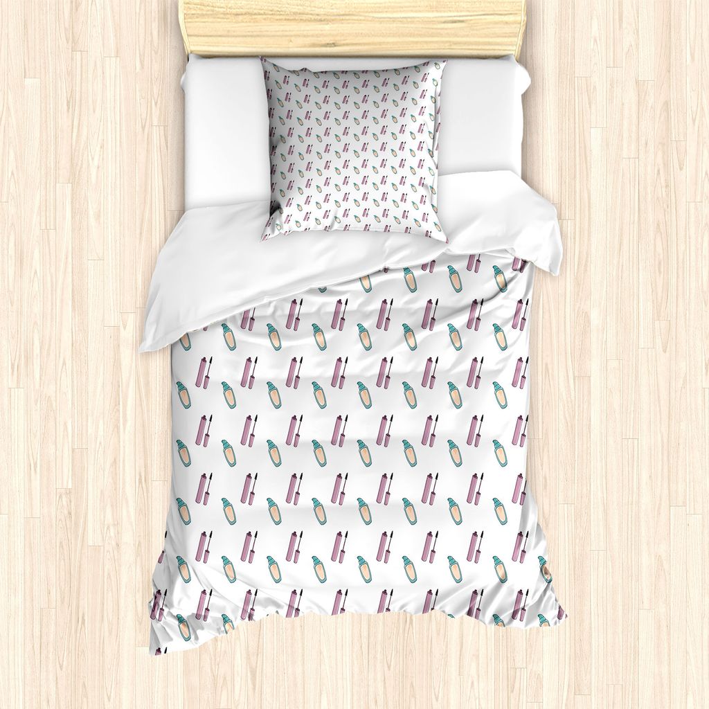 ABAKUHAUS Schönheit Bettbezug Set für Einzelbetten, Mascara Concealer Zeichnungen, Milbensicher Allergiker geeignet mit Kissenbezug, 135 cm x 200...