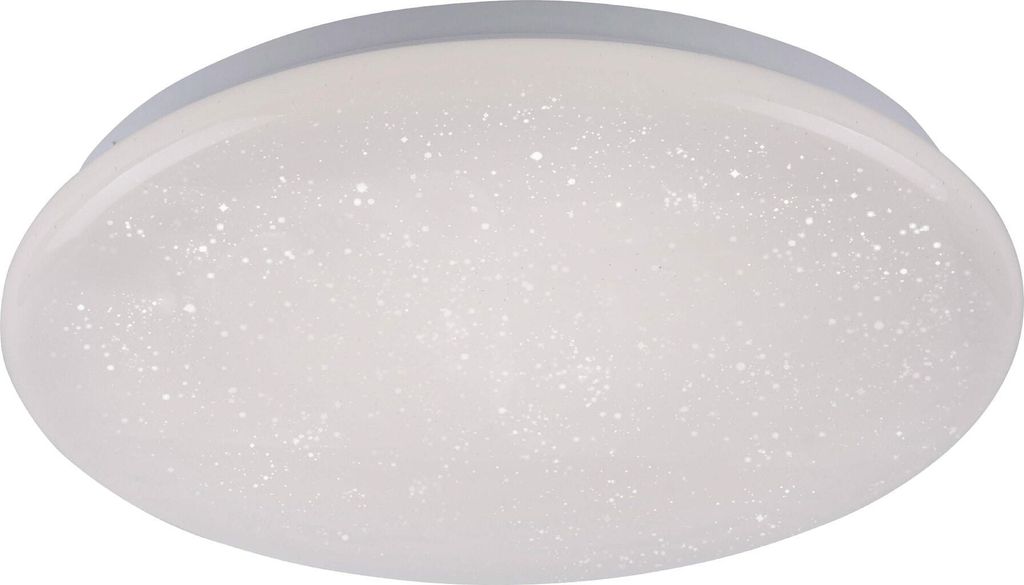 A close-up, front-facing view of a white, circular LED ceiling light with a subtle starry sky effect.