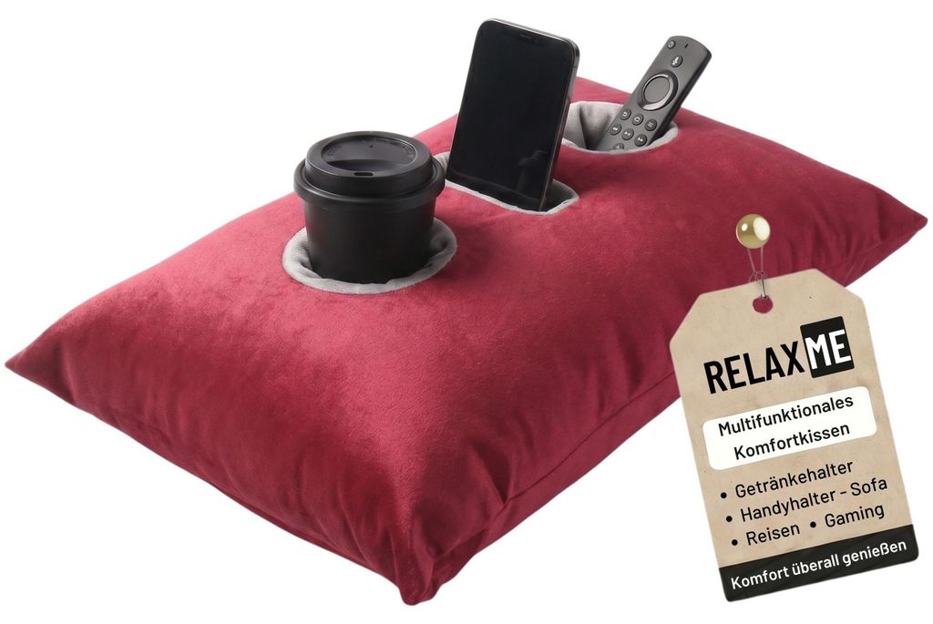 Relax-ME Kissen mit Tablet- & Getränkehalter, Sofakissen mit Handyhalter, Perfekte Geschenkidee, Bordeaux, 40x60 cm