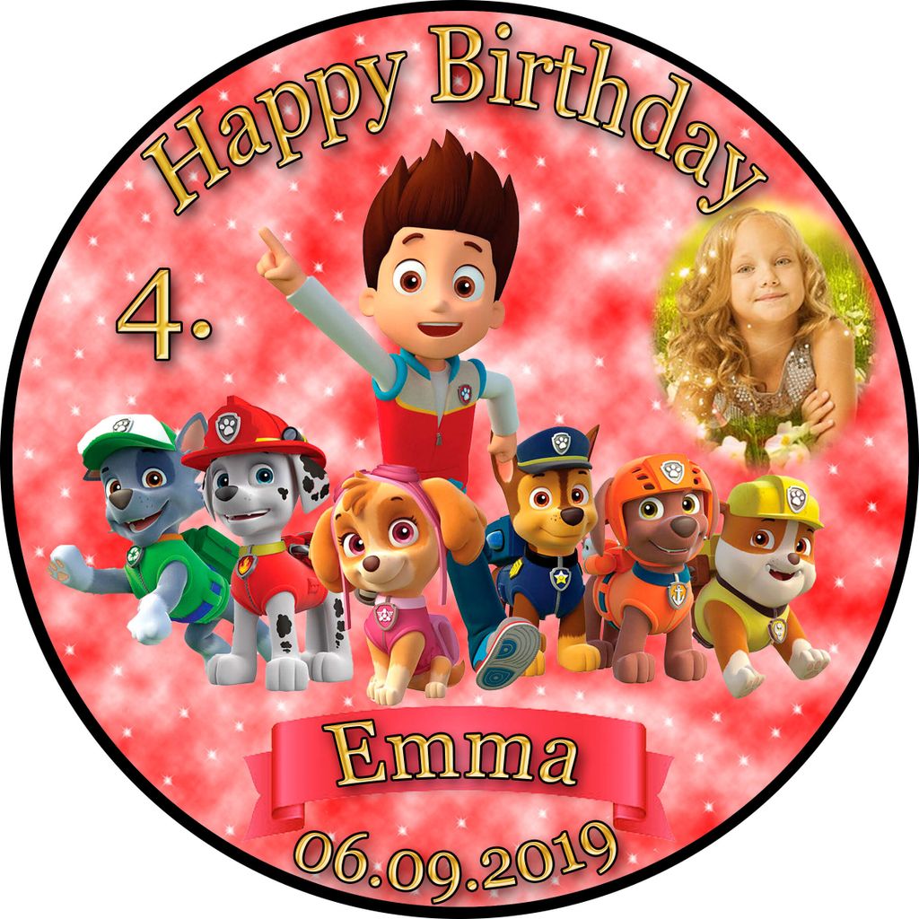 Tortenaufleger Fototorte Tortenbild Kindergeburtstag Paw Patrol PP02 (Zuckerpapier) Rund 20 cm Ø mit Banner & Foto Rot