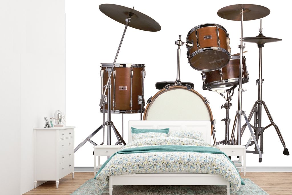 MuchoWow Fototapete für Wohnzimmer oder Schlafzimmer Wandtapete Vinyl Motivtapete Komplettes Schlagzeug auf weißem Hintergrund - 385x280 cm - W...
