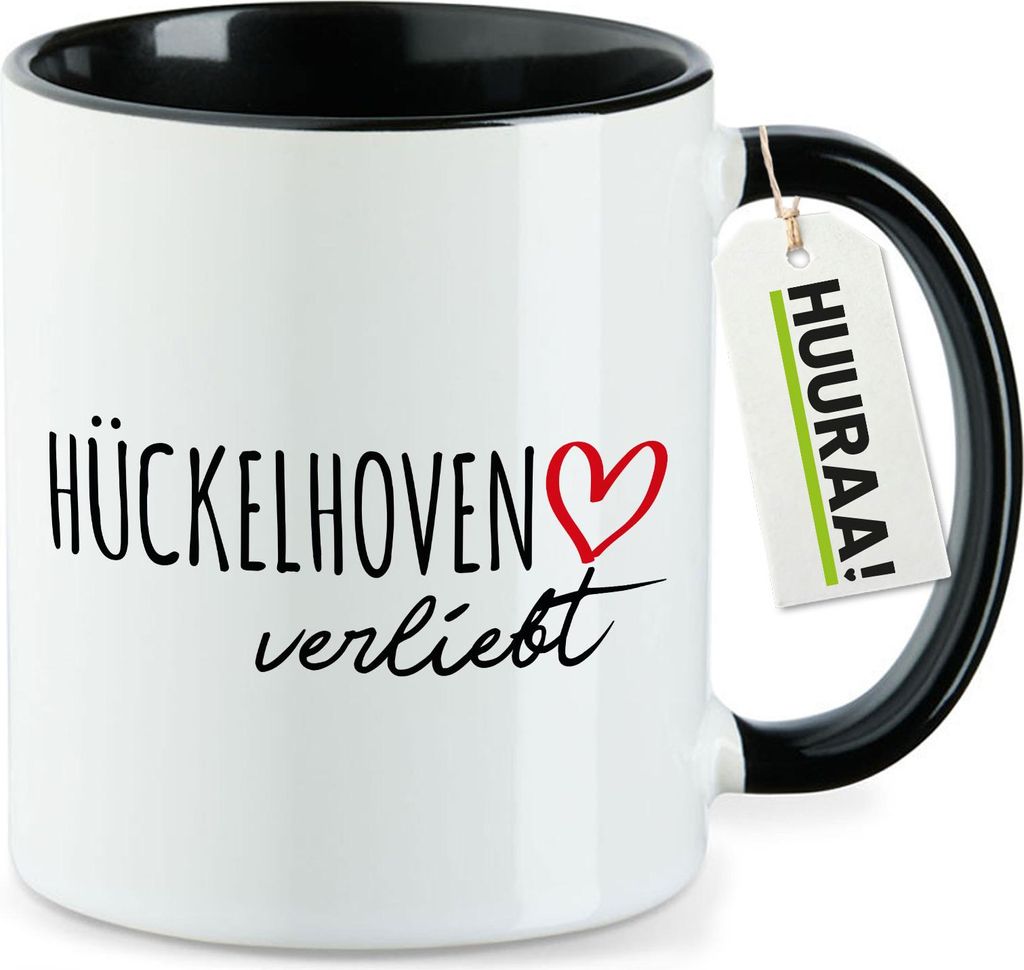 Huuraa Kaffeetasse Hückelhoven verliebt 330ml Schwarz Keramik Kaffeebecher Geschenkidee