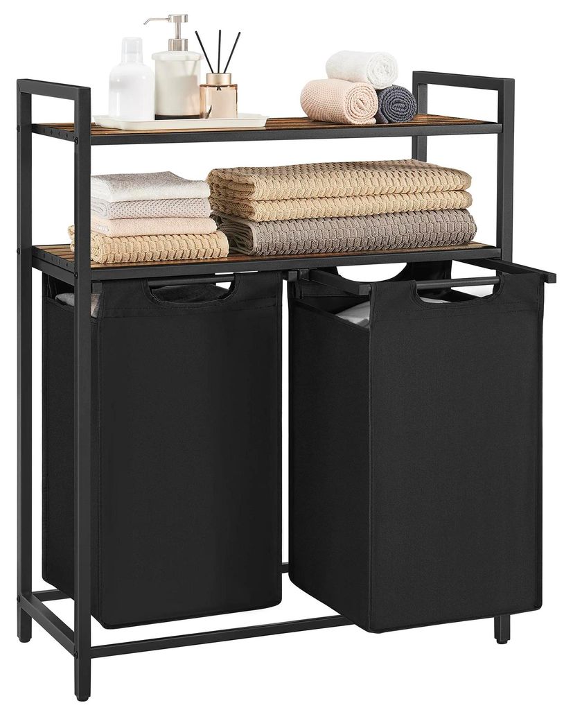 Wäschekorb & Wäschesortierer - Regal mit 2 Ablagen - Ausziehbarer und abnehmbarer Wäschesack - Oxford-Gewebe - Modernes Design - Schwarz