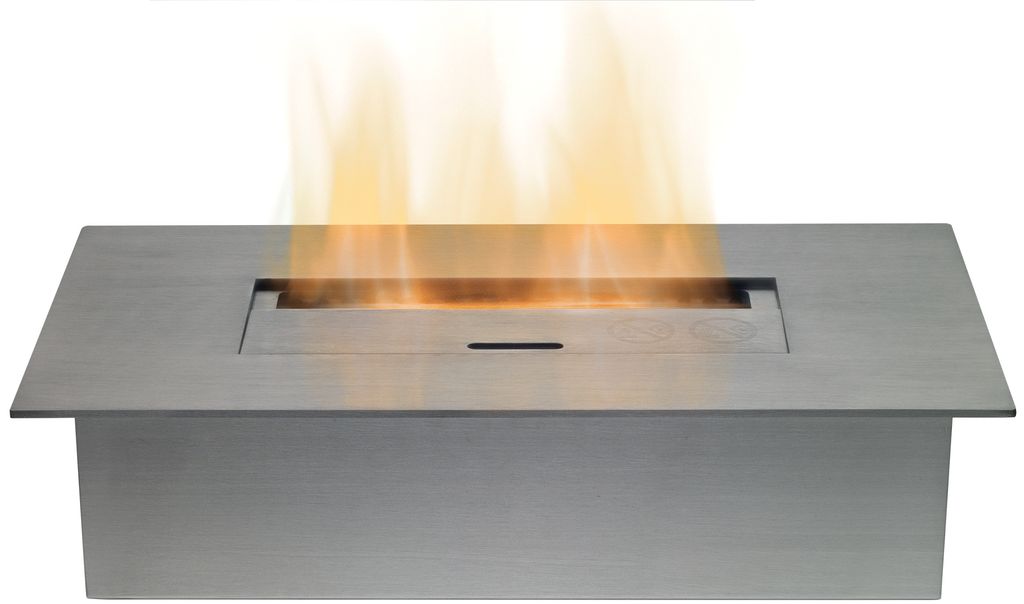 A stainless steel ethanol burner with flames.