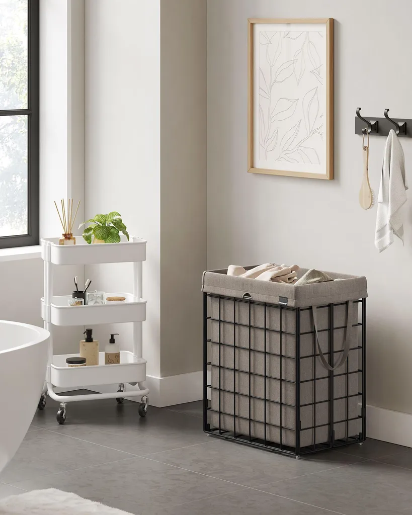 Corbeille à linge pliante 90 litres design noir-camel en métal rigide - 3